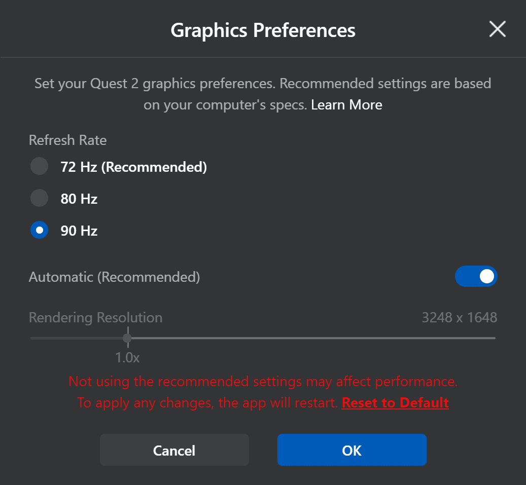 Meta Debug Tool settings for H.264