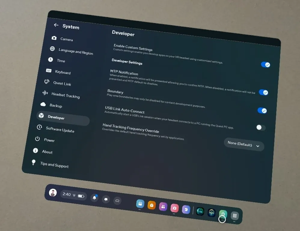 Quest 3S Settings Menu with Developer Toggle